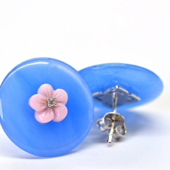 Jewelry - .925 Blue Jade Flower Stud Earrings floral Stud Sterling silver post earrings